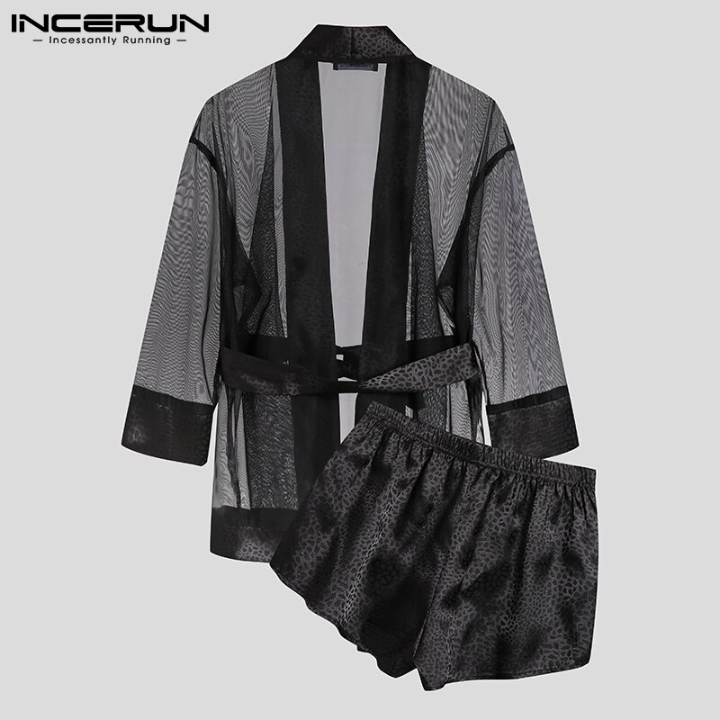 Men Robe Sets Mesh Leopard Patchwork See Through Sexy Open Stitch Bathrobes &amp;amp; Shorts Homewear Men Nightgown Suits INCERUN S-5XL
