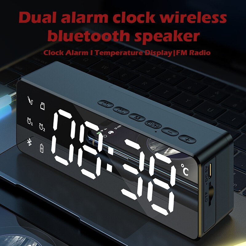 Bluetooth LED Alarm Clock With FM Radio Wireless Bluetooth Speaker Mirror Display Support Subwoofer Music Desktop Table Clock