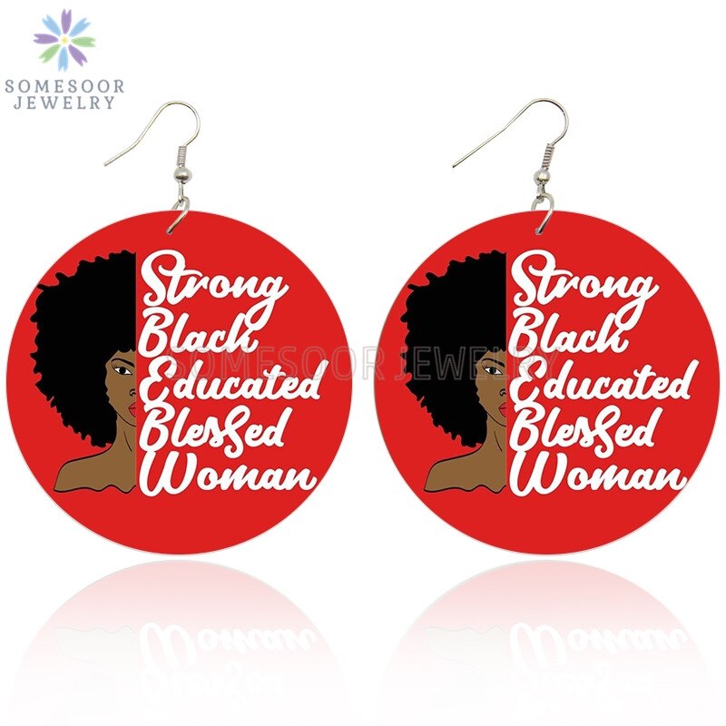 SOMESOOR Natural Black Hair Blessed Woman African Wooden Earrings Strong Educated Queen Afro Sayings Dangle For Women: Both Sides Print 2