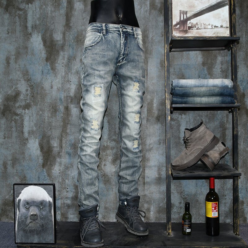 Vaqueros rasgados estilo europeo y americano para hombre, jeans informales elásticos ajustados nostálgicos