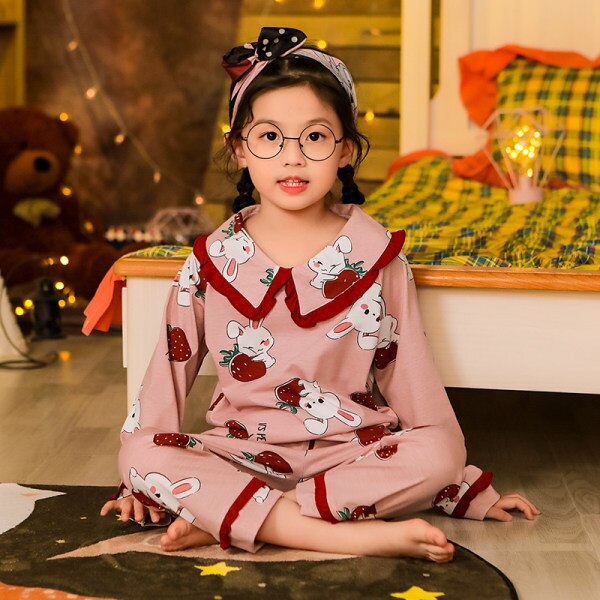 Cotton Girls Pajamas Sets Spring Long Sleeve Children's Sleepwear Set Cute Pajamas Girls Pyjamas Sets for Kids Nightwear: Pink / size 14( 130-140cm)