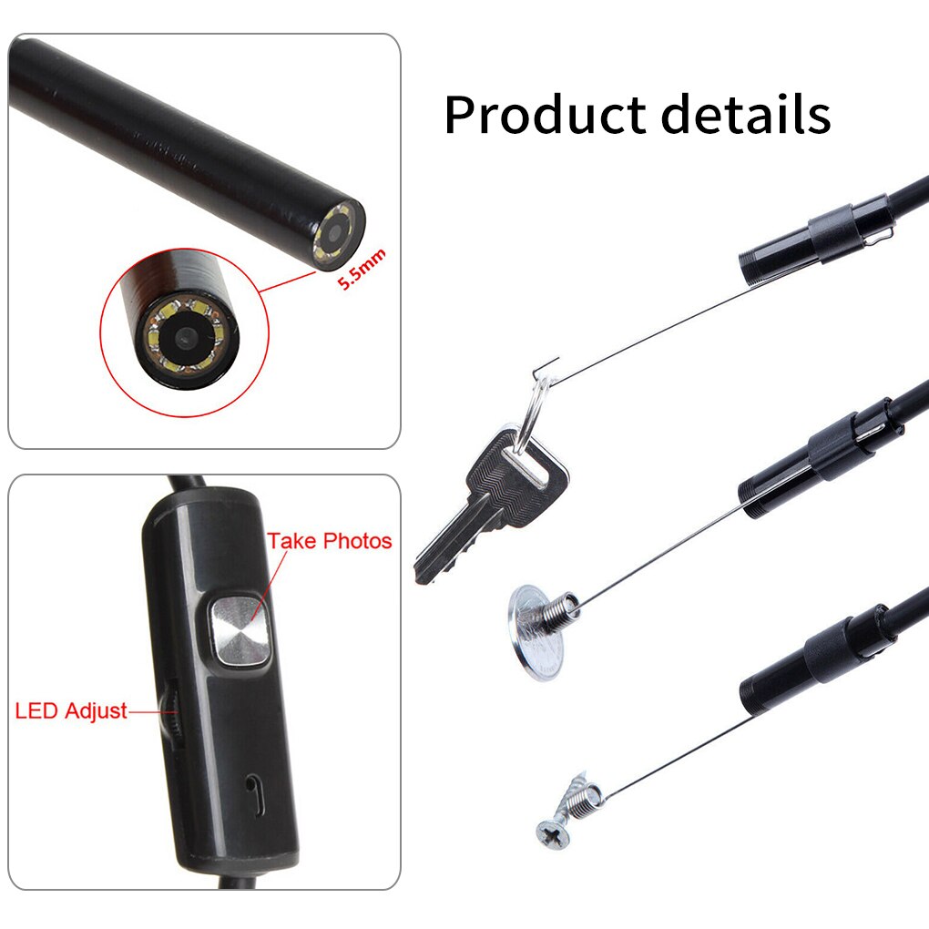 5.5mm Endoscope Camera Flexible IP67 Waterproof Micro USB Inspection Borescope Camera for Android PC Notebook 6LEDs Adjustable