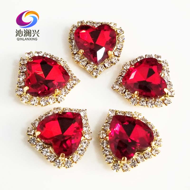 Rood hart vorm kristalglas gesp, goud bodem naaien steentjes voor Diy/sieraden accessoires 12mm/14mm/18mm 10 stks SWHK07