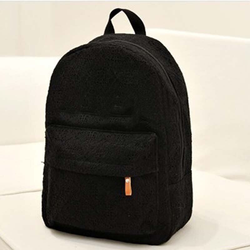 Women Solid Lace Canvas Backpacks Students Girl Backpack Female Casual Large Capacity School Bags Black/White