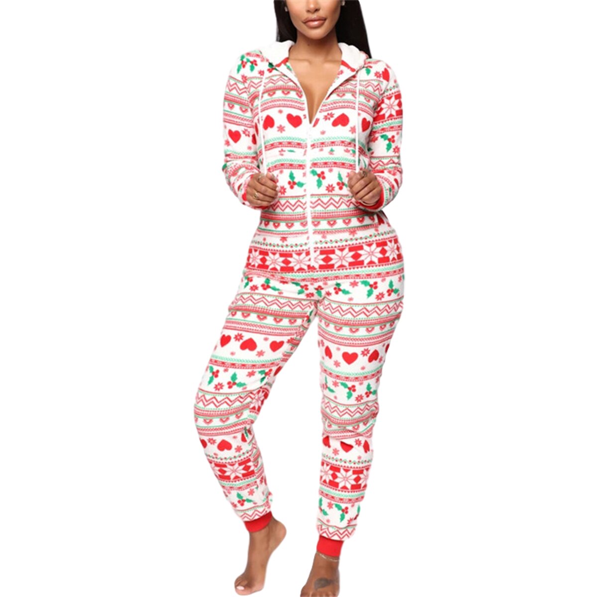 Herfst Winter Vrouwen Hooded Jumpsuits Leuke Kerst Patroon Casual Homewear Pyjama Vrouwelijke Lange Mouwen Ritsen Rompertjes Nachtkleding