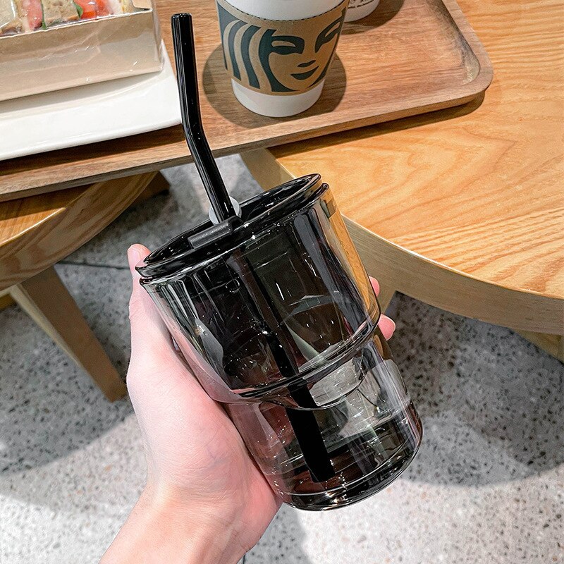 Coffee Cup High-grade Exquisite Glass Water Cup High Color Straw Cold Extraction Cup Ins Style Feeling Double Mouth Cup: High Grade Ash 400ml