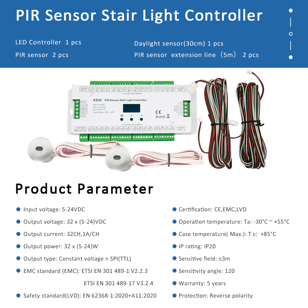 Controlador de luz de escalera ES32 con PIR, interruptor de Sensor inductivo infrarrojo de cuerpo humano, lámpara nocturna de escalera de 32 pasos, Control de iluminación