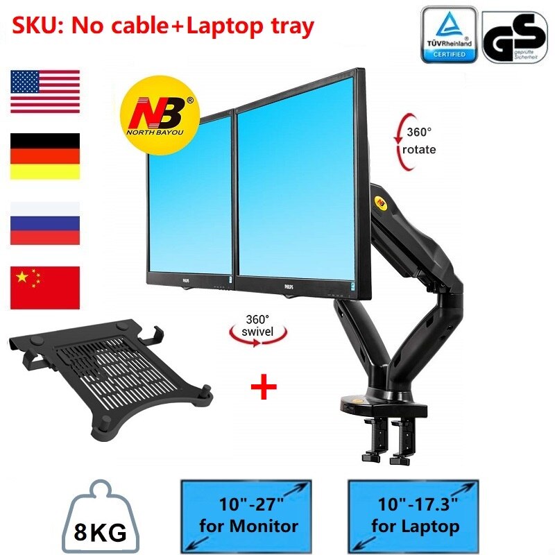 NB North Bayou F160 17"-27" Full Motion Dual Ergonomic Monitor Stand Adjustable Gas Spring Mount with Laptop Tray, Loading 1-8KG: with Laptop Tray