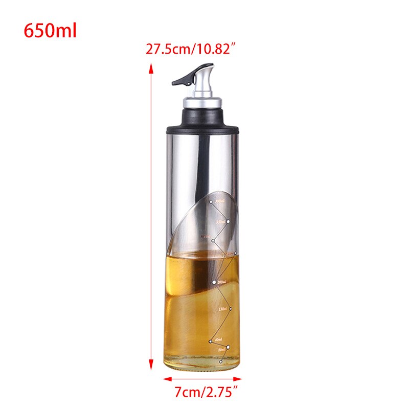 380/650ml Glass Oil Bottle Cooking Seasoning Sauce Storage Bottle Olive Oil Vinegar Dispenser Pouring Spouts Kitchen Accessories: 650ml-Silver