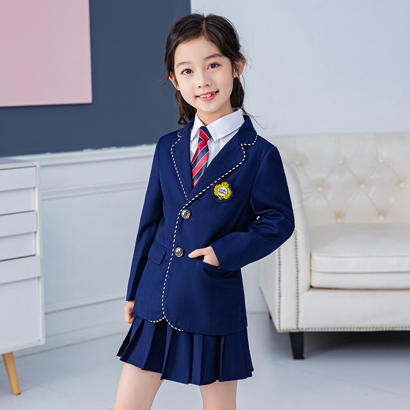 Boys School Uniform Girls Navy Jacket Skirt Shirt Tie Suits Kids Formal Dress Tuxedo Clothes Sets Students Outfits Child Costume
