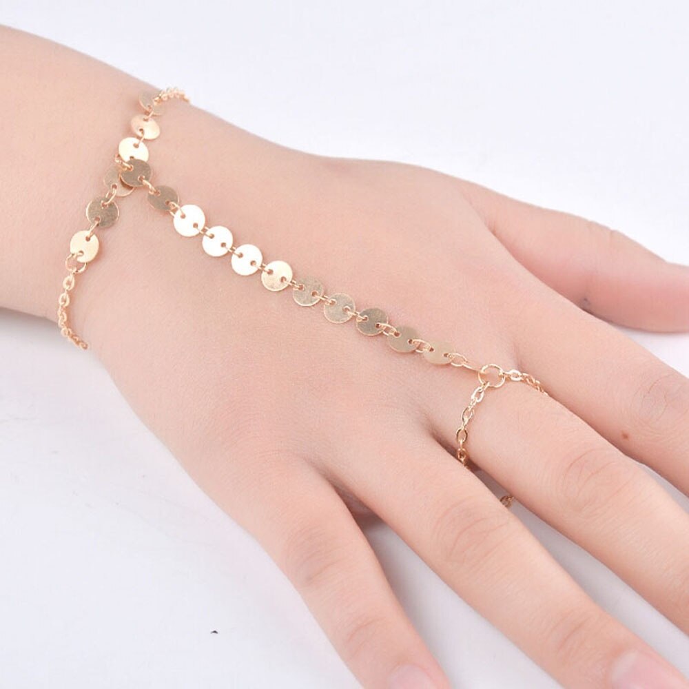 Koperen Sieraden Polsbandje Pailletten Armband Slave Bangle Hand Vinger Ketting Voor Vrouwen Ring