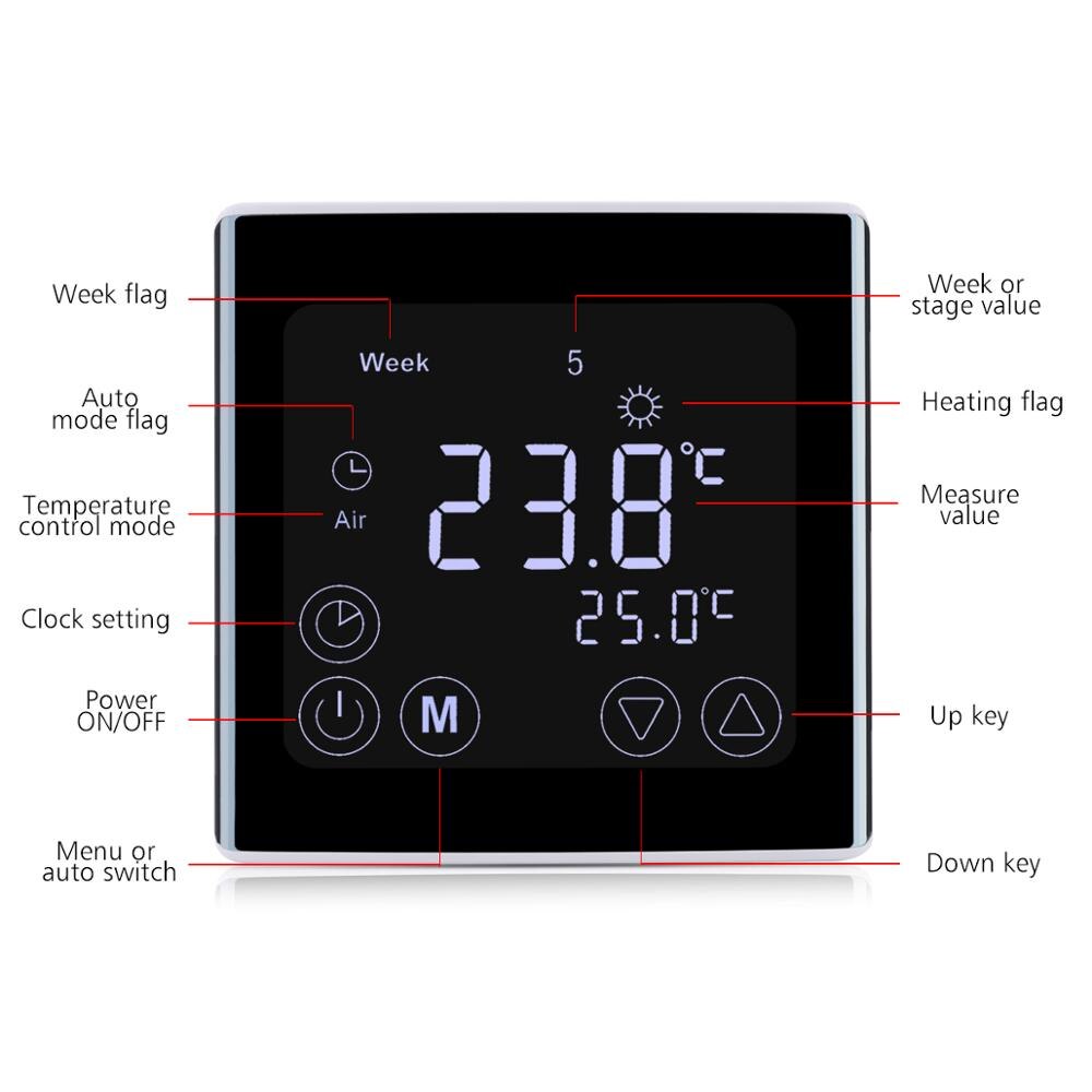 Écran tactile LCD Floureon Thermostat système de chauffage par le sol thermorégulateur AC85-240V régulateur de température rétro-éclairage blanc