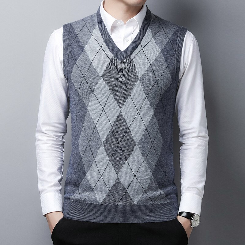 Manlig tjock tröja väst höst argyle mönster ärmlös tröja tröja casual man ull tröja väst