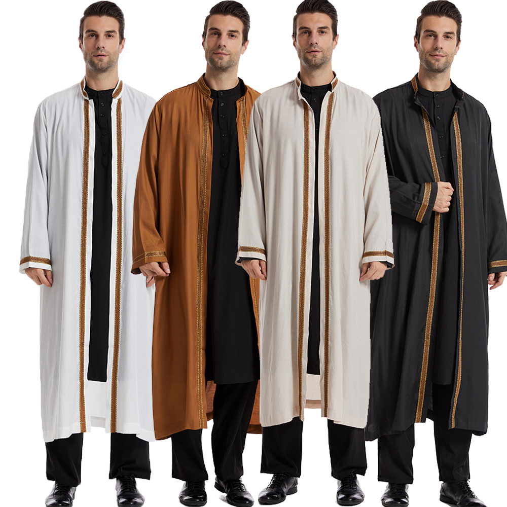 Mannen Open Abaya Moslim Saudi Jubba Thobe Islamitische Kleding Ramadan Kimono Lange Mouw Gewaad Caftan Dubai Stand Kraag Arabische Jurk