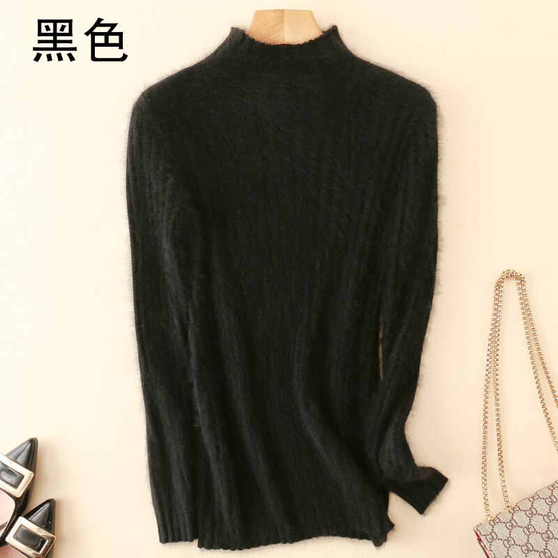 Varm 100%  mink kashmir sweater strikkede pullovere til kvinder vinter høj elasticitet bløde toppe høj krave afslappet basisk dameskjorte: Xl / Sort