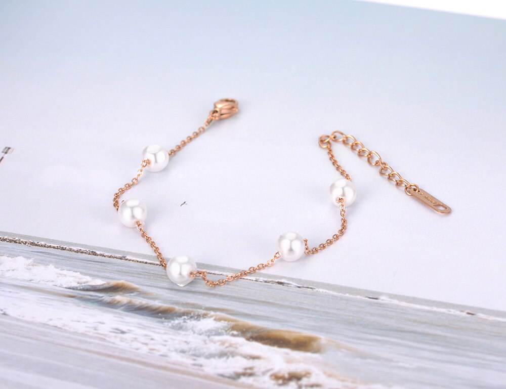 Lokaer Titanium Rvs 5Pcs White Pearl Charm Armbanden Voor Vrouwen Bohemen Zomer Strand Ketting Armband Sieraden B20081