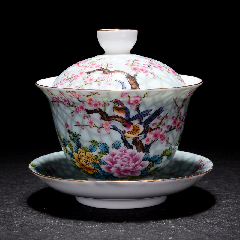 190 Ml Jingdezhen Gaiwan Keramische Porselein Bloem Vogel Patroon Art Thee Kom Met Schotel Deksel Kit Master Thee Terrine Drinkware: Default Title