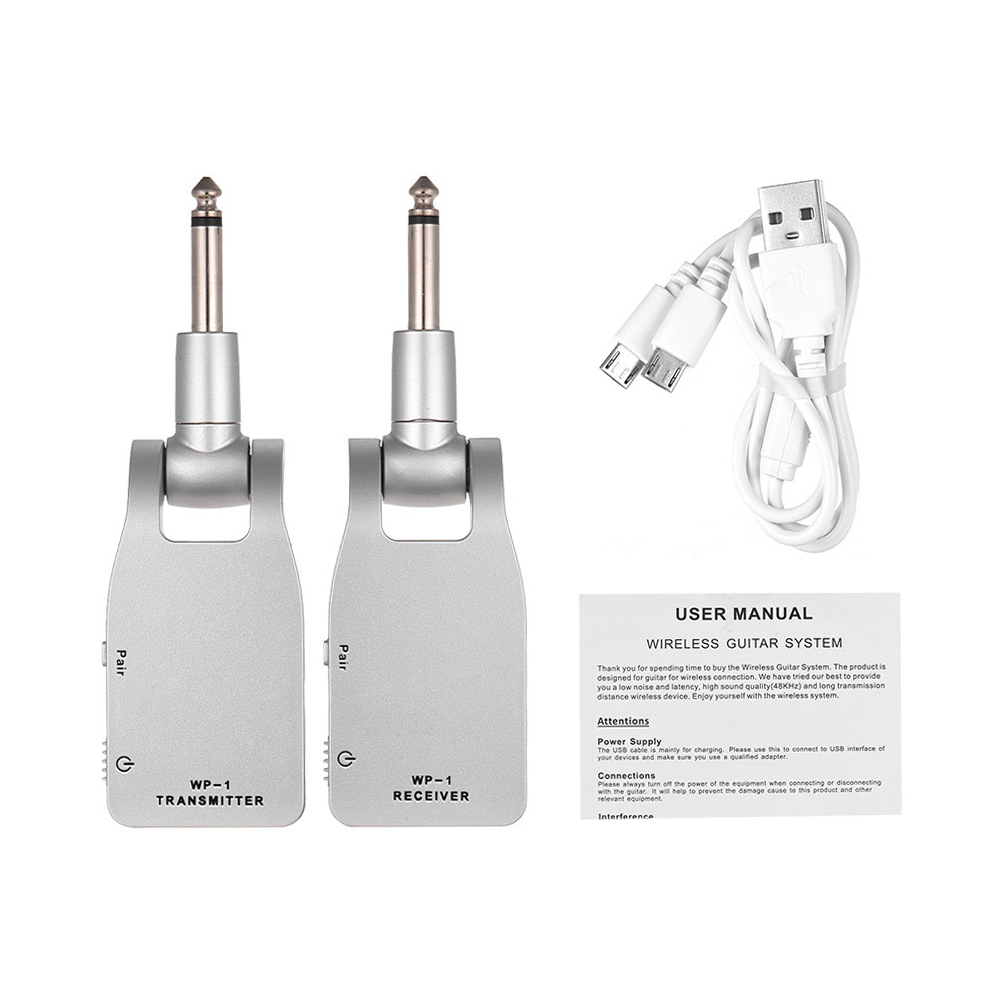 Muslady 2.4G Wireless Guitar System Transmitter &amp; Receiver Built-in Lithium Battery 30M Transmission Range for Guitar Bass: Silver