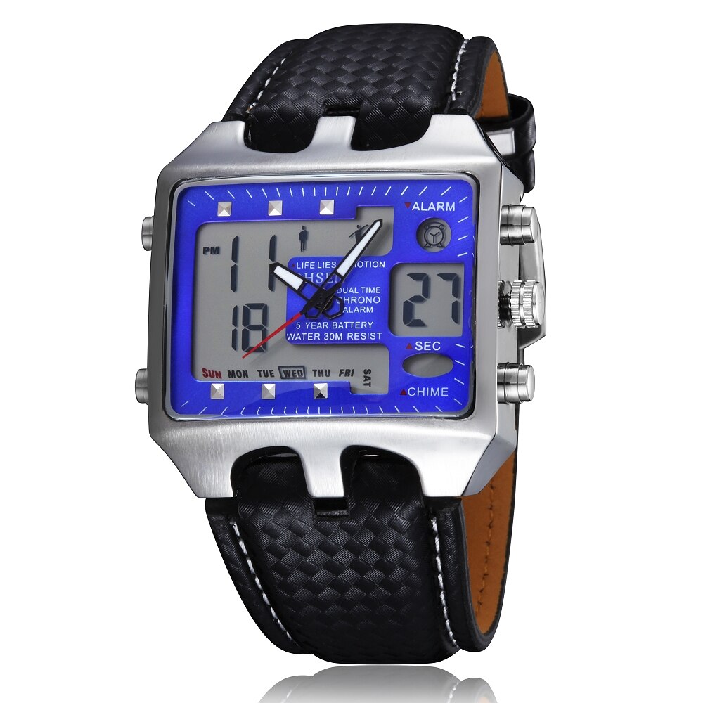OHSEN digitale LCD Männer Jungen Armbanduhr lederband 30M Wasserdicht Schwarz Sport Armee Uhren Alarm Hand Uhren: Blau Armbanduhr