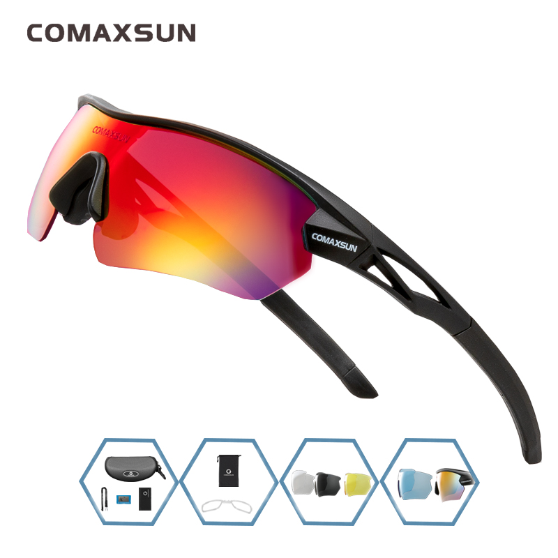 COMAXSUN Polarized Cycling Glasses Bike Goggles Outdoor Sports Bicycle Sunglasses UV 400 With 5 Lens TR90 2 Style: Style 2 BLACK