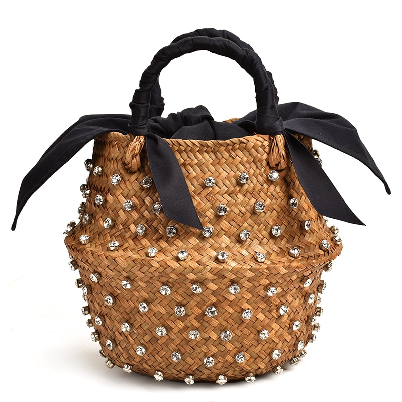 Bolso de paja adornado a mano, bolso playero para vacaciones de verano con perlas, bolso de punto para mujer, bolso de con diamantes, bolsos de mano populares