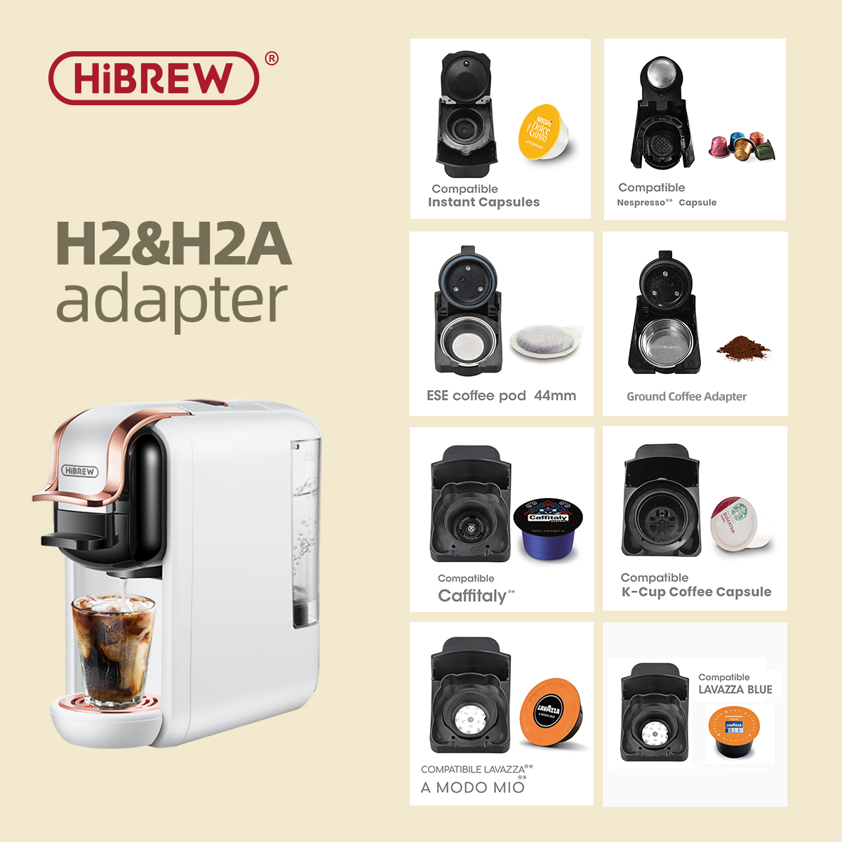 HiBREW H2A & H2B macchina da caffè capsula adattatore sistema parti per Nespresso o Dolce gusto o caffè macinato o ESE baccello o Caffitaly