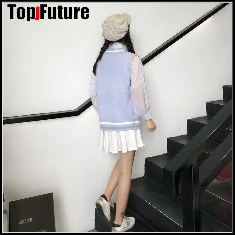 BLUE Japanese girl's Knitted Vest cute versatile sweater school Uniform Cardigans JK UNIFORM embroidery sweater