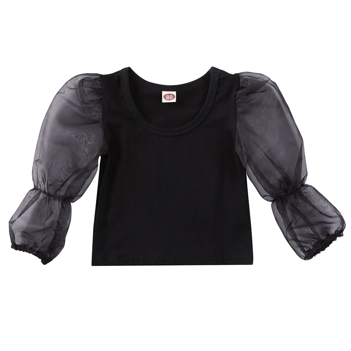 Baby zomerkleding 0-5t peuter kind baby meisjeskleding mesh lange kant pofmouw top effen t-shirt effen blouse: Zwart / 24m