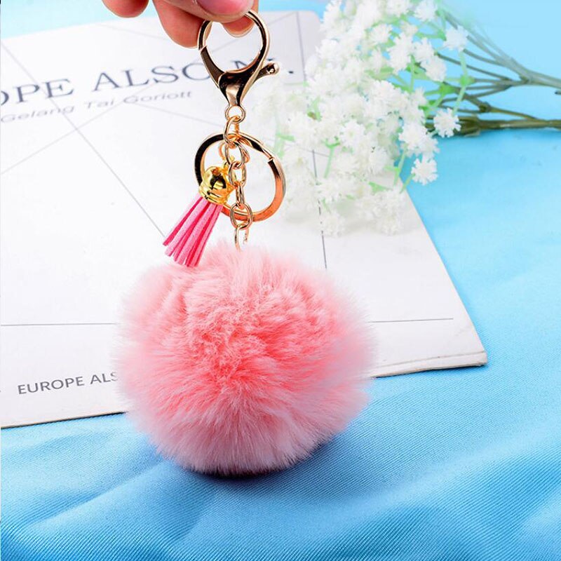 Nøglering pels ball pom pom nøglering pompon kunstig kanin pels fluffy nøgleringe bil taske nøglering nips til kvinder dame: Mørkegrå