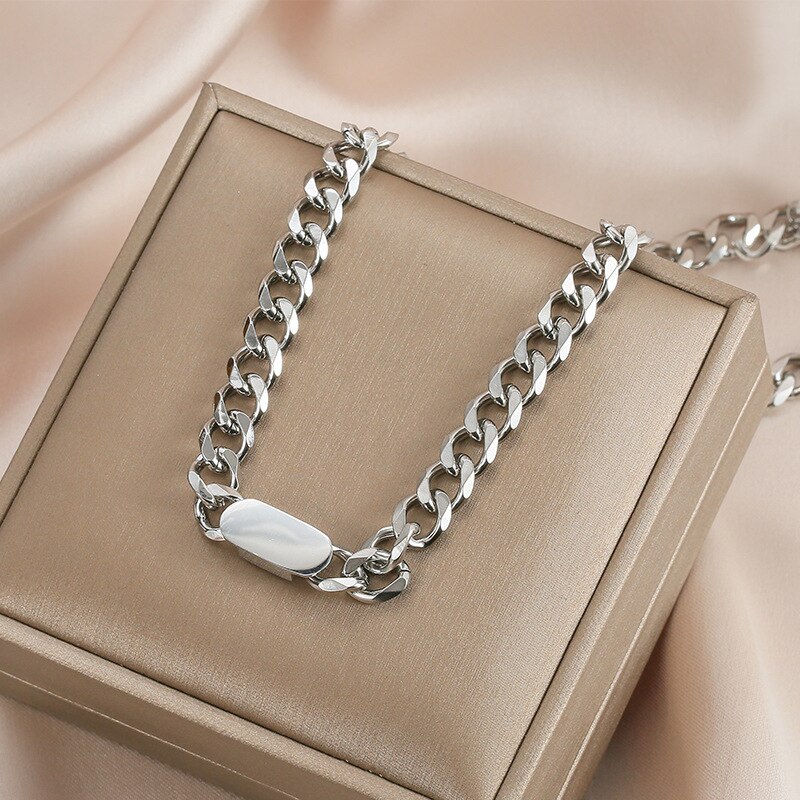 316L Stainless Steel Fine High-end Jewelry Hip hop Hyperbole Charms Thick Chain Choker Necklaces Bracelet For Women: Steel color