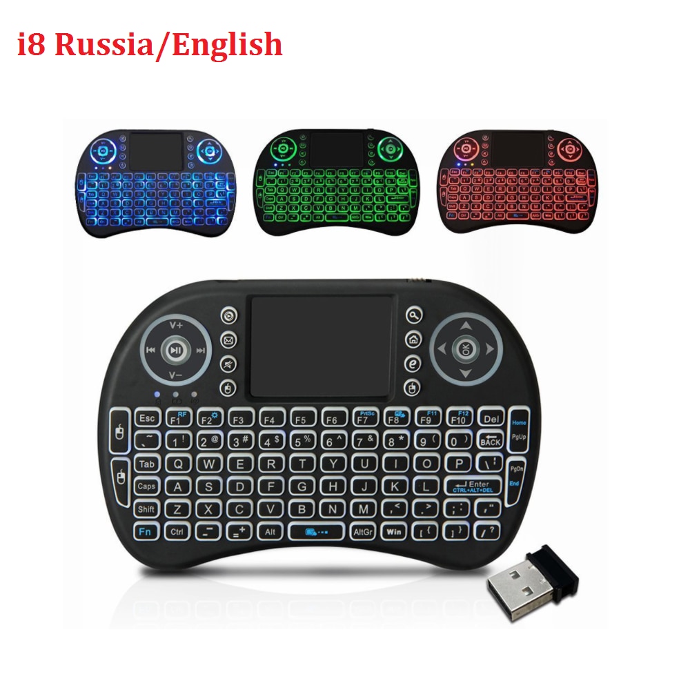 7 Kleur Backlit I8 Mini Wireless Keyboard 2.4 Ghz Engels Russisch Air Mouse Met Touch Pad Afstandsbediening Android Tv doos