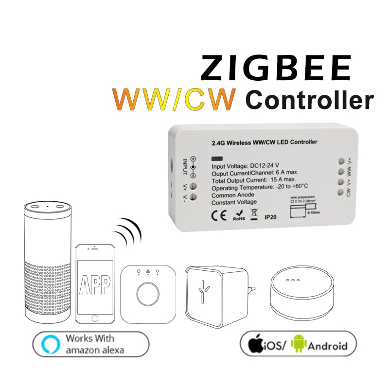 Zigbee Zll Smart Wwcw Controller, DC12/24 V, app Controle Warm Wit/Koud Wit En Helderheid Verstelbare, Voor Led Strip Lineaire Licht