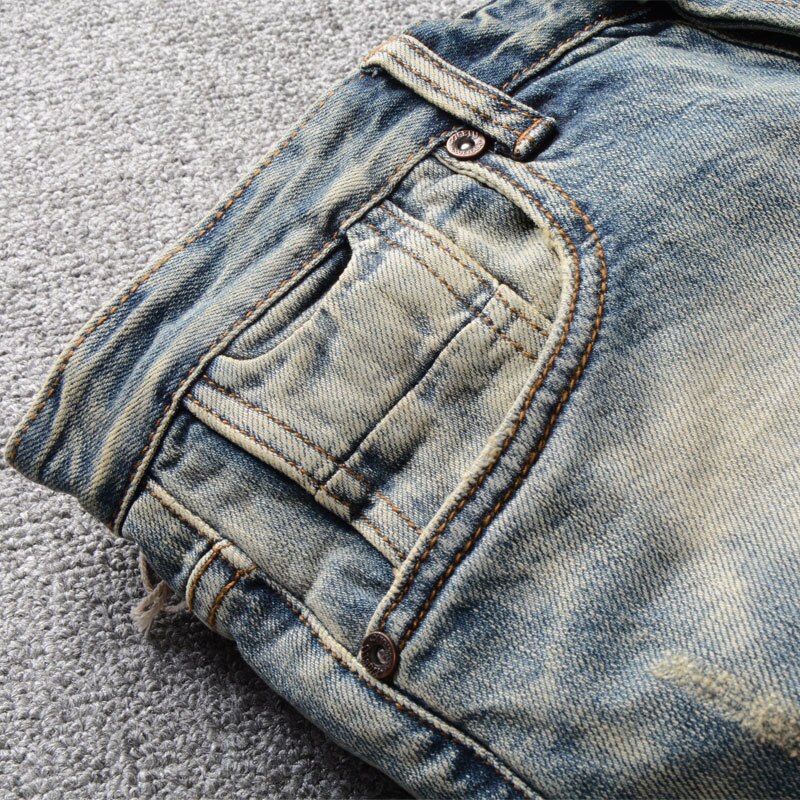 Jean classique vintage pour homme, coupe slim délavée rétro, petit pantalon en denim élastique, 98%  jeans en coton, jeans basiques à boutons
