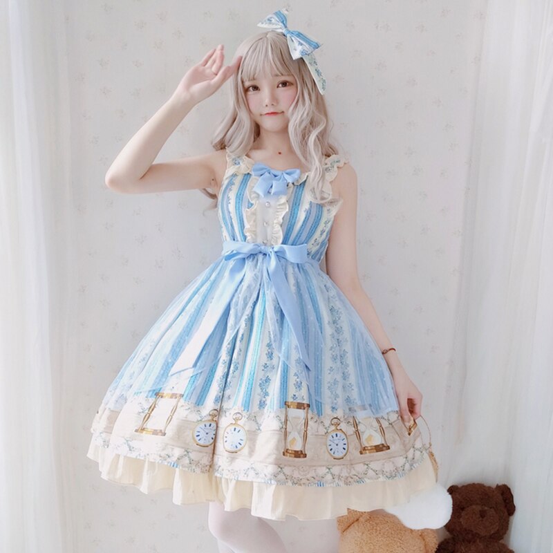 Prinsesse teselskap søt lolita kjole årgang falbala blondere sløyfe utskrift viktoriansk kjole kawaii jente gotisk lolita jsk loli