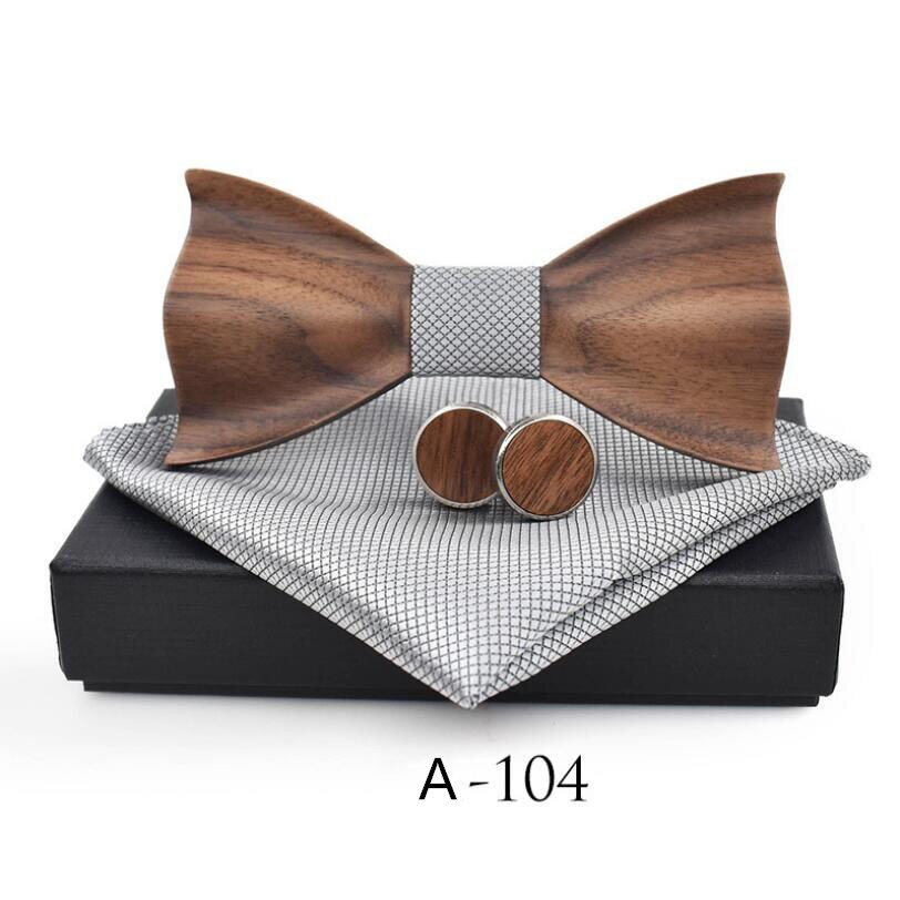 RBOCOTT pajarita de madera hecha a mano juego de gemelos y pañuelo pajarita 3D para hombres bolsillo de madera cuadrado con caja de para la boda de los hombres: A104