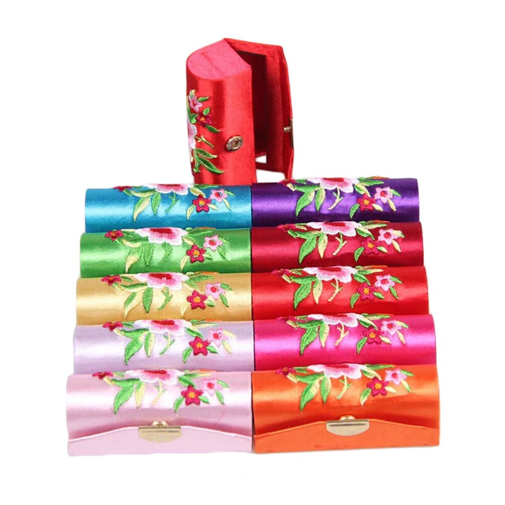 Chinese stijl retro lippenstiftdoos, brokaat geborduurde houder met spiegel, bruidsmeisjesbloem lippenstiftdoosjes