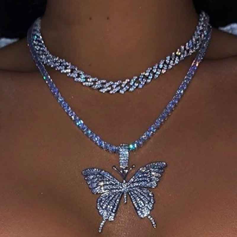 Caraquet Bling Crystal Tennis Chain Choker Necklace for Women 4 Color Rhinestone Big Butterfly Pendant Necklace Bijoux