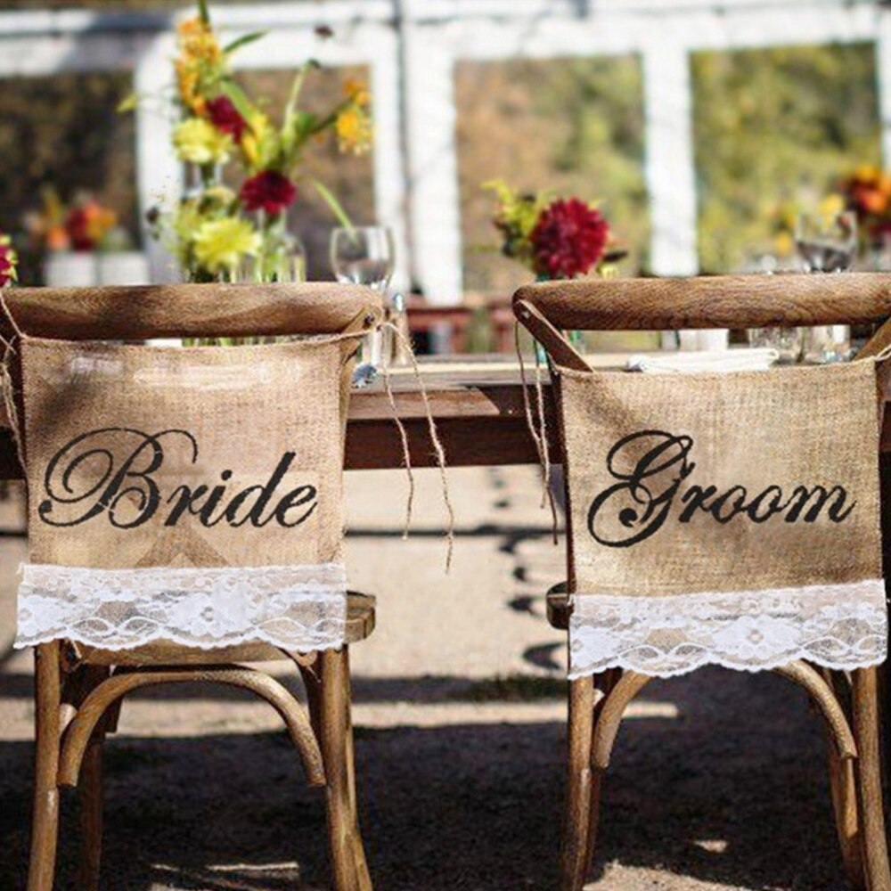 1pc Groom Bride Sign Chair Banner Chair Decor Sign Linen Flag Chair Sign for Wedding Anniversary Reception