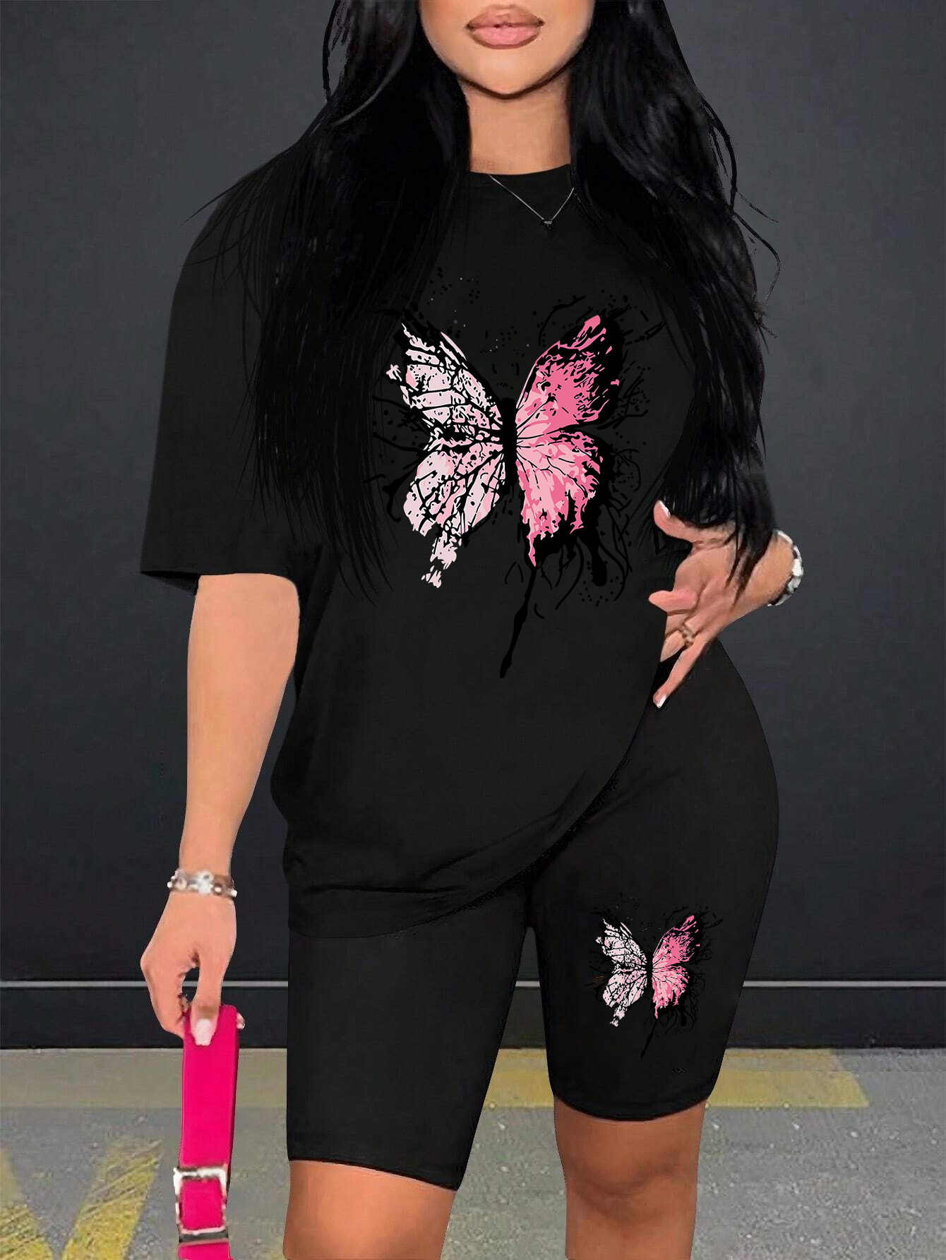 Beautiful Butterfly Pattern Print For Women Short Sleeved Shorts Set Soft Essential Two Piece Set Sports Comfortable Shorts Sets: S / Light Yellow