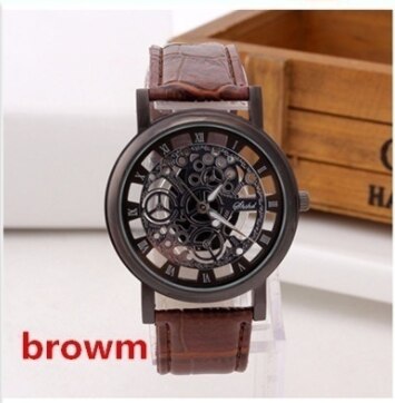 Business Skeleton Horloge Mannen Gravure Holle Reloj Hombre Jurk Quartz Horloge Lederen Band Vrouwen Klok: Bruin