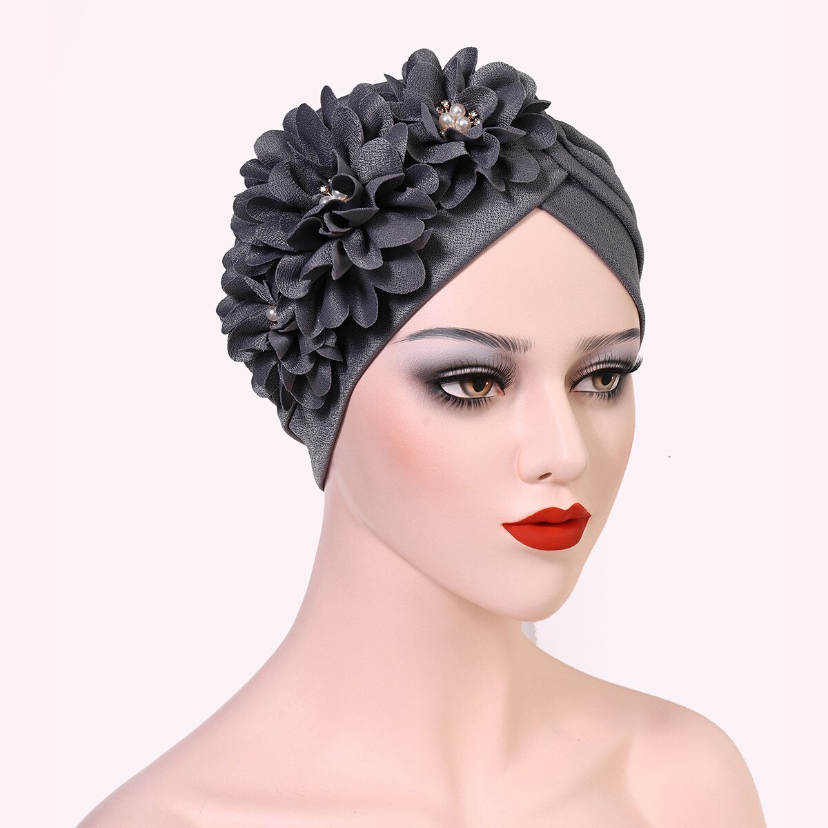 Turbante africano de flores y plumas para Mujer, gorro de , pañuelo musulmán para la cabeza, gorros para de boda, Turbante Autogele para Mujer: Gray