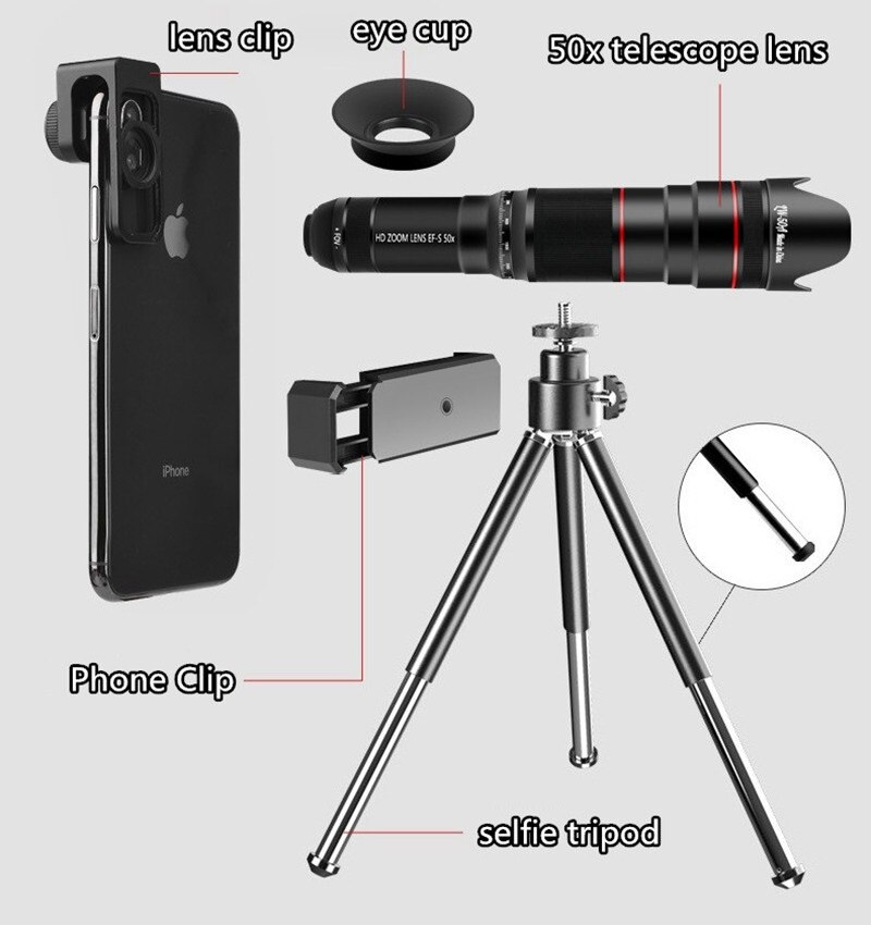 HD 50X lente de teléfono Cámara telefoto Zoom Monocular lente de telescopio SelfieTripod para todos los Smartphones ajustable lentes de teléfono celular