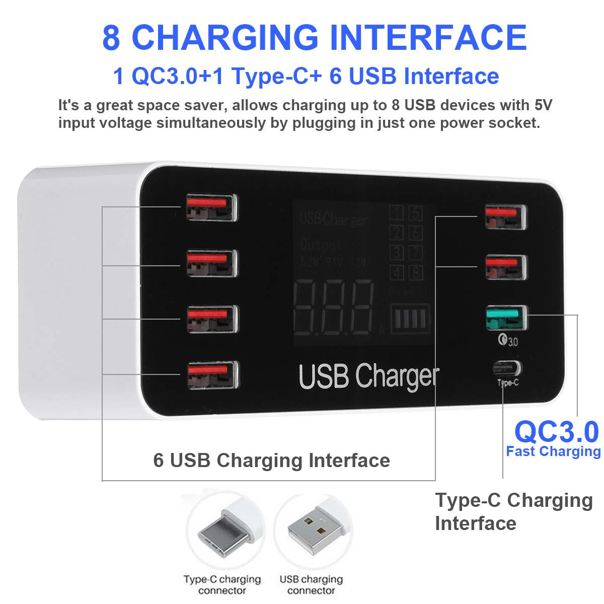 Quick Charger 3.0 Usb Charger 40W Usb Type C Snel Opladen Station Mobiele Telefoon 8 Poort Multi Smart lader Met Led Display