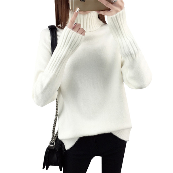 Turtleneck Knitted Pullovers Autumn Winter Women Sweater Solid Long Sleeve Knitwear Female Bottoming Sweaters Tops AB449: White