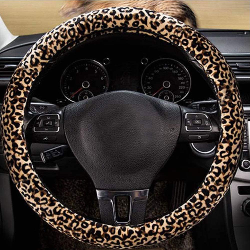 Auto stuurwiel hoes set waterdicht antislip duurzaam luipaardprint auto wiel beschermer met sleutelhanger grip hoes universeel