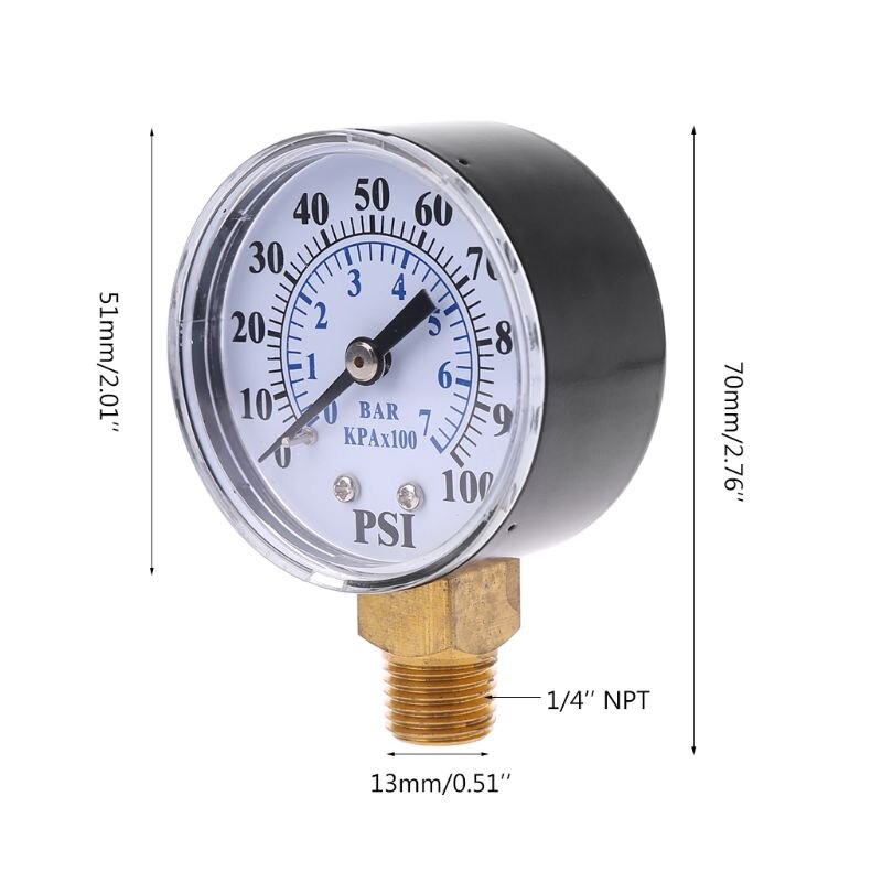 Well Pump Pressure Gauge 1/4'' NPT Thread 0-100 PSI 0-7 Bar Water Air Gas Pressure Monitor