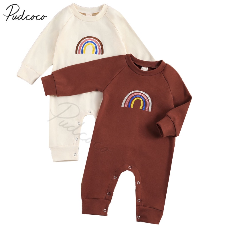 Infant Newborn Baby Girls Boys Rainbow Embroidery Romper Long Sleeve Jumpsuits Casual One Piece Spring Autumn Outfits