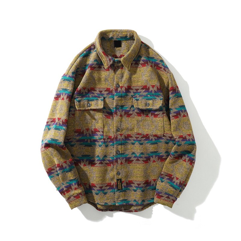 Mørkt ikon turn-down krave japanske retro skjorter mænd løs afslappet tyk uld revers bluse outwear frakke: Gul skjorte / Xl