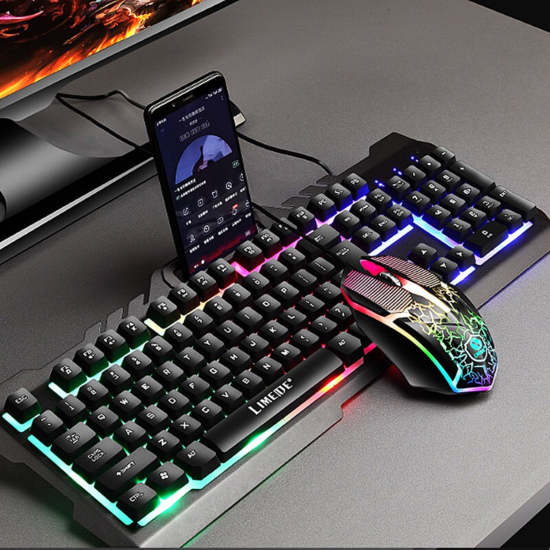 Computer Multimedia Keyboard And Mouse Set Gaming Mechanical Feeling Wired Keyboards Backlit Mouse Keyboard With Phone Holder: Black