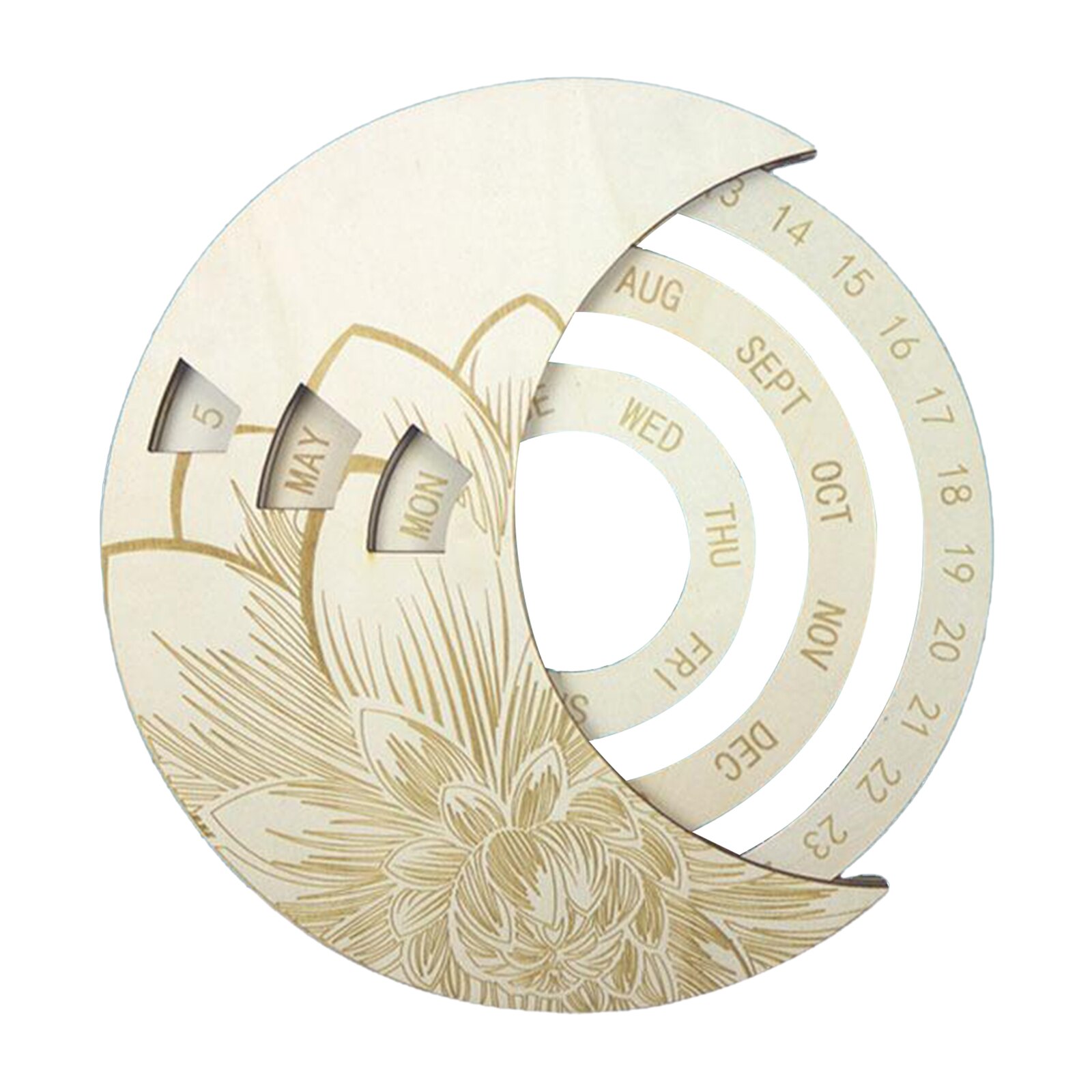 Round Moon Wooden Perpetual Calendar Wall Hanging Sign Craft Home Ornaments: Beige